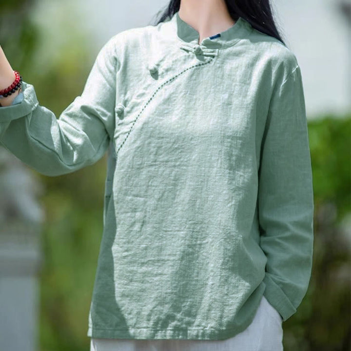 Buddha Stones Schrägkragen Knotenknopf Lose Leinenkleidung - image 4