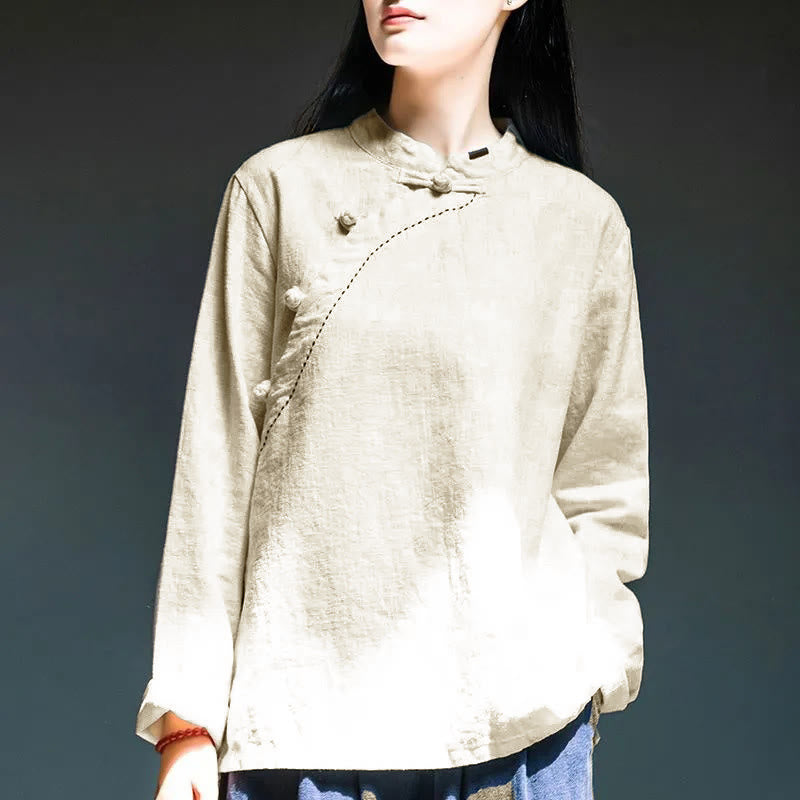 Buddha Stones Schrägkragen Knotenknopf Lose Leinenkleidung - Weiß - US12, UK/AU16, EU44 (4XL) - image 11