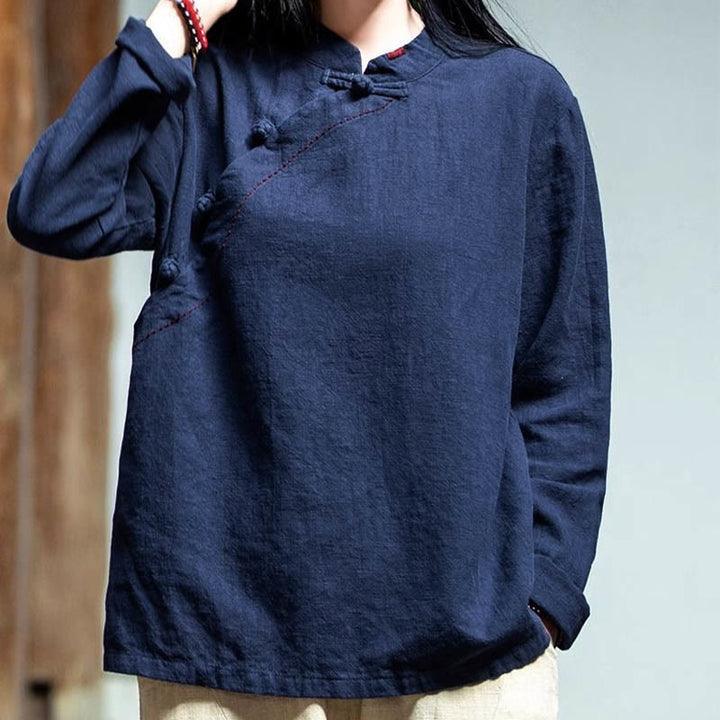 Buddha Stones Schrägkragen Knotenknopf Lose Leinenkleidung - image 17