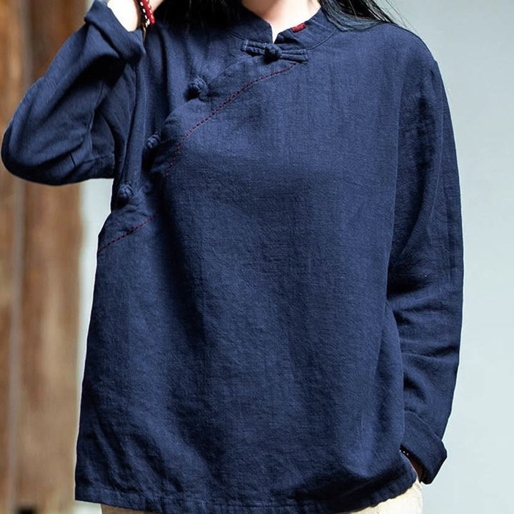 Buddha Stones Schrägkragen Knotenknopf Lose Leinenkleidung - image 20