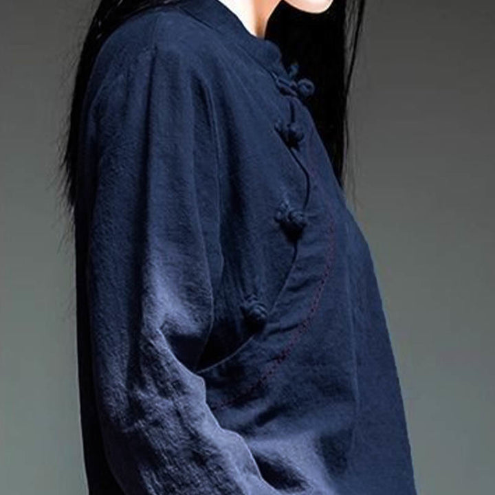 Buddha Stones Schrägkragen Knotenknopf Lose Leinenkleidung - image 15