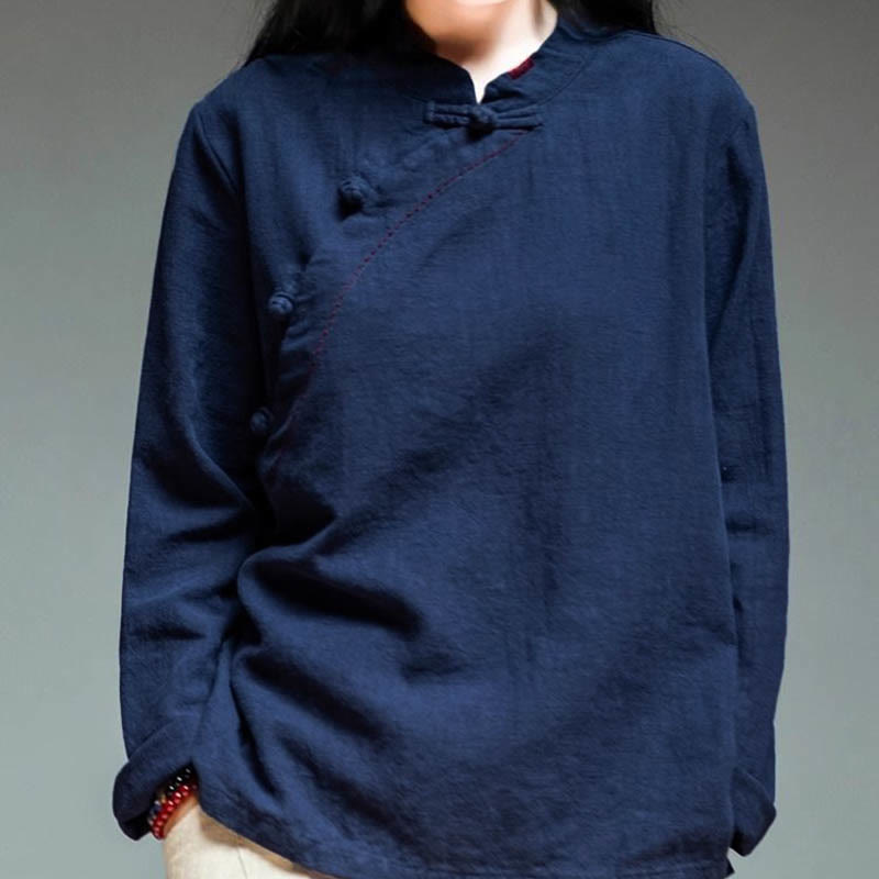 Buddha Stones Schrägkragen Knotenknopf Lose Leinenkleidung - image 13