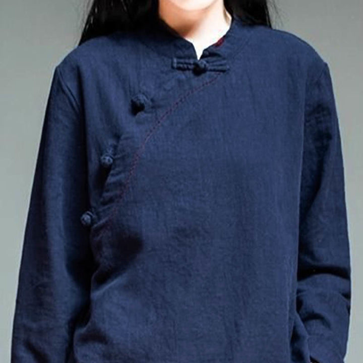 Buddha Stones Schrägkragen Knotenknopf Lose Leinenkleidung - image 14