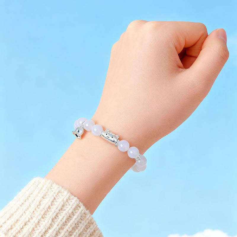 Buddha Stones 999 Sterling Silber Natürlicher Katzenkopf Weißes Katzenauge Weißer Achat Positives Armband - image 14