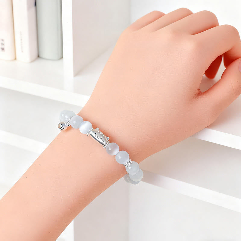 Buddha Stones 999 Sterling Silber Natürlicher Katzenkopf Weißes Katzenauge Weißer Achat Positives Armband - image 5