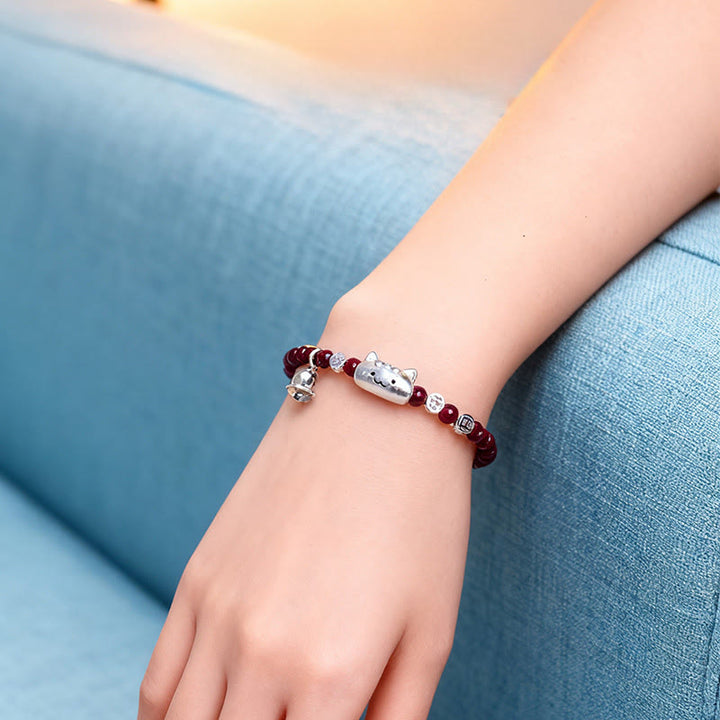 Buddha Stones 999 Sterling Silber Natürlicher süßer Katzenkopf Granat Schutzperlenarmband - image 8