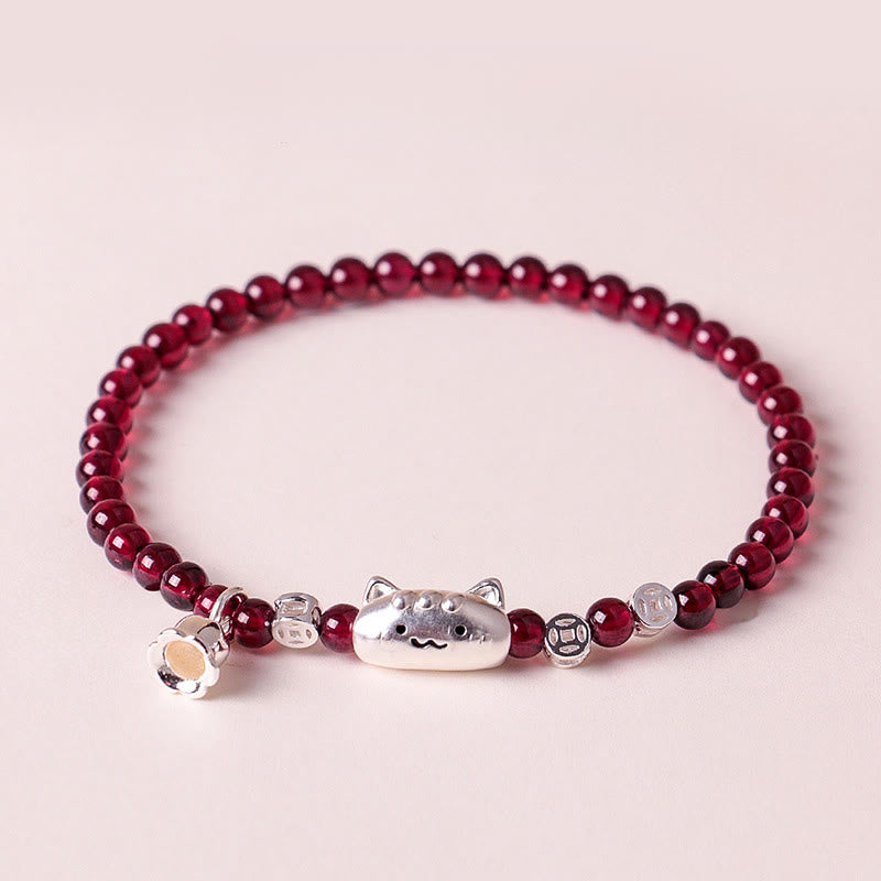Buddha Stones 999 Sterling Silber Natürlicher süßer Katzenkopf Granat Schutzperlenarmband - image 1