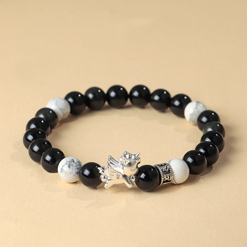 Buddha Stones 999 Sterling Silber Jahr des Pferdes Natürlicher schwarzer Obsidian Bodhi Seed Strength Armband - Schwarzer Obsidian (Handgelenkumfang: 13–15 cm) - image 0