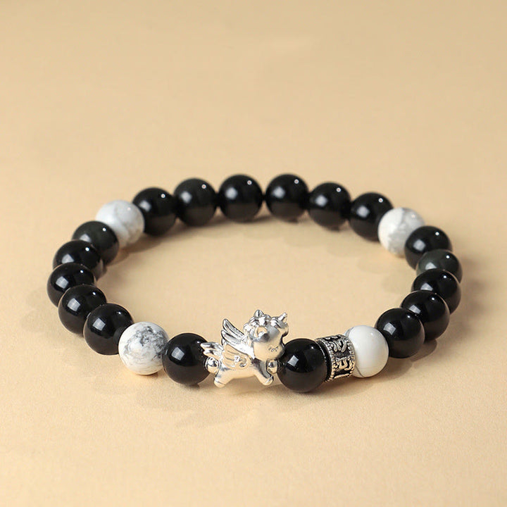 Buddha Stones 999 Sterling Silber Jahr des Pferdes Natürlicher schwarzer Obsidian Bodhi Seed Strength Armband - Schwarzer Obsidian (Handgelenkumfang: 13-15 cm) - image 0