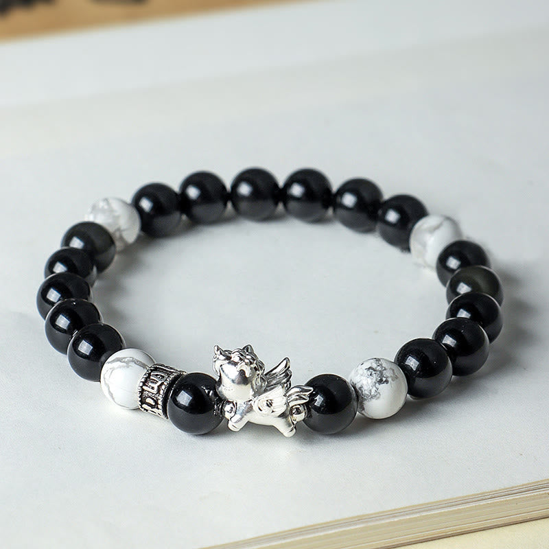 Buddha Stones 999 Sterling Silber Jahr des Pferdes Natürlicher schwarzer Obsidian Bodhi Seed Strength Armband - image 3