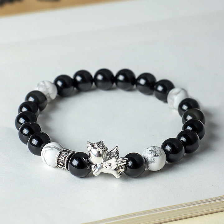 Buddha Stones 999 Sterling Silber Jahr des Pferdes Natürlicher schwarzer Obsidian Bodhi Seed Strength Armband - image 3