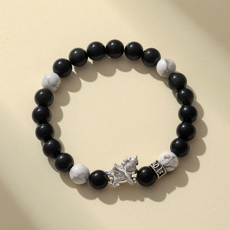 Buddha Stones 999 Sterling Silber Jahr des Pferdes Natürlicher schwarzer Obsidian Bodhi Seed Strength Armband - image 1