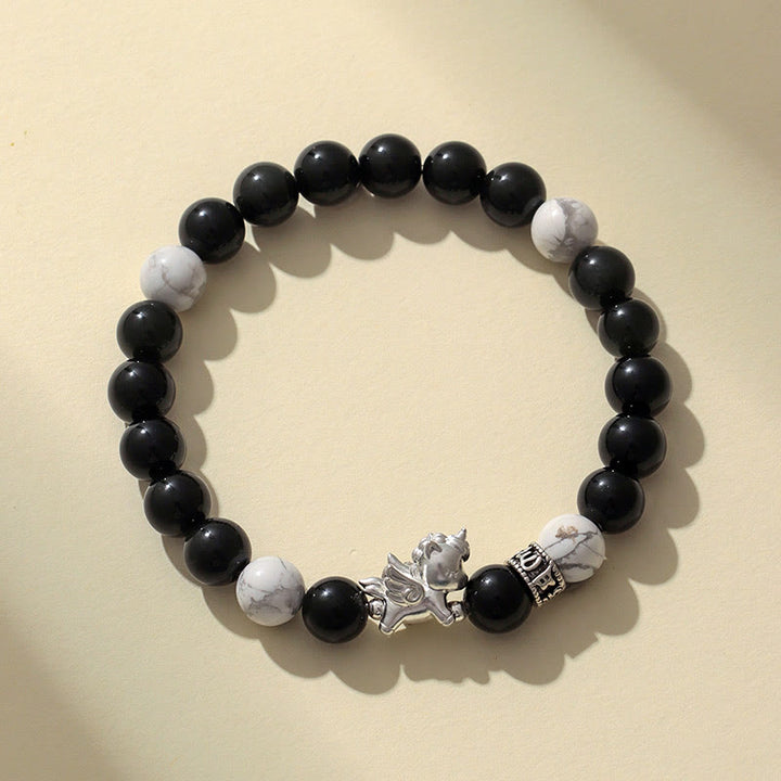 Buddha Stones 999 Sterling Silber Jahr des Pferdes Natürlicher schwarzer Obsidian Bodhi Seed Strength Armband - image 1
