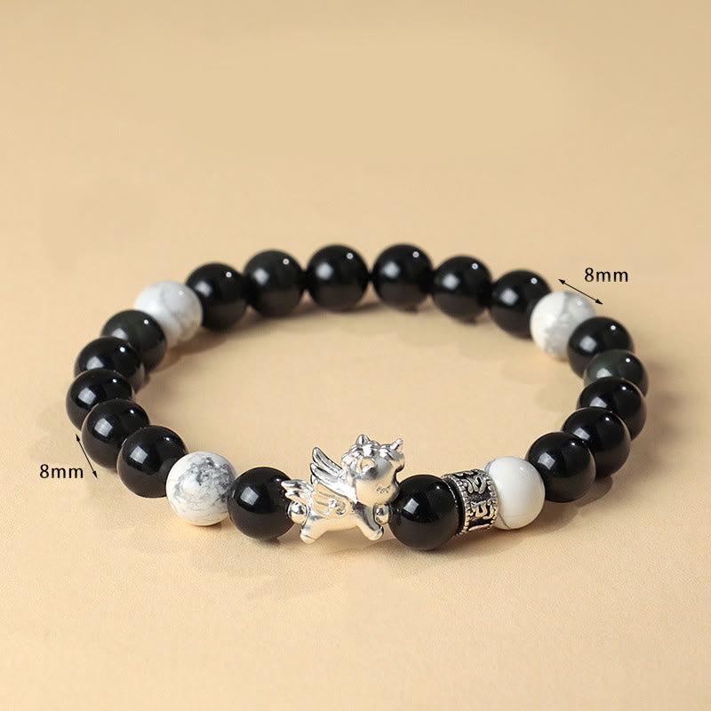 Buddha Stones 999 Sterling Silber Jahr des Pferdes Natürlicher schwarzer Obsidian Bodhi Seed Strength Armband - image 4