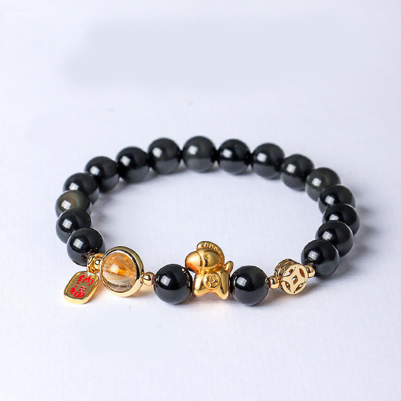 Buddha Stones Armband „Jahr des Pferdes“, natürlich, 8 mm, schwarzer Obsidian, roter Achat, rosa Kristall - Schwarzer Obsidian (Handgelenkumfang: 13–15 cm) - image 0