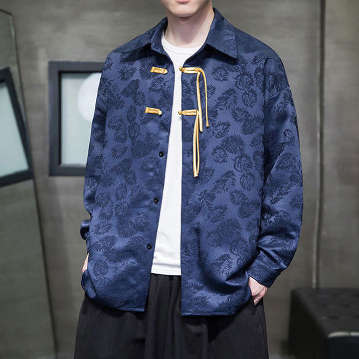 Buddha Stones Frosch-Knopf Blätter Muster Langarm Herren Tang Anzug Jacke - Dunkelblau - US/ UK/AU50，EU60 (5XL) - image 9