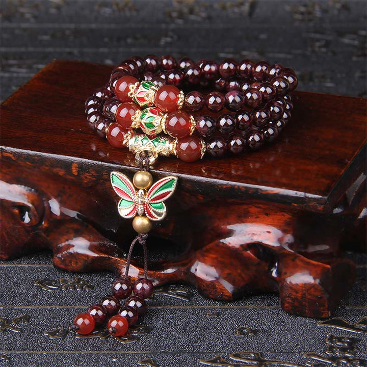 Buddha Stones Natürlicher Granat Roter Achat Bunter Schmetterling Reinigung Ruhe Mehrschichtiges Armband - Granat und roter Achat (Handgelenkumfang: 14–18 cm) - image 0