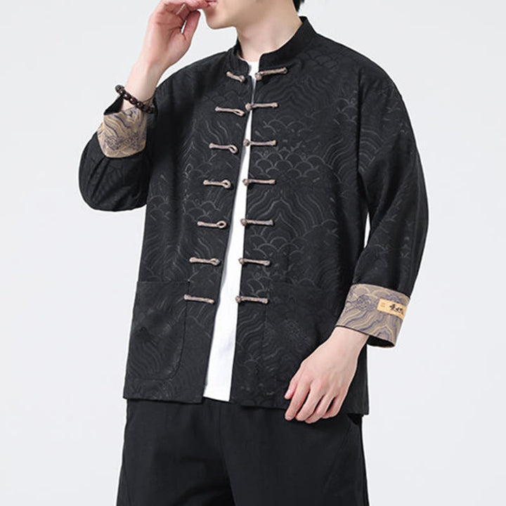 Buddha Stones Frosch-Knopf Bergwellenmuster Langarm Herren Baumwolljacke mit Taschen - image 13