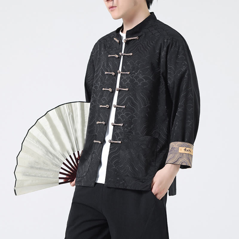 Buddha Stones Frosch-Knopf Bergwellenmuster Langarm Herren Baumwolljacke mit Taschen - image 12