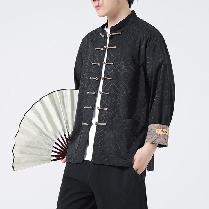 Buddha Stones Frosch-Knopf Bergwellenmuster Langarm Herren Baumwolljacke mit Taschen - image 12