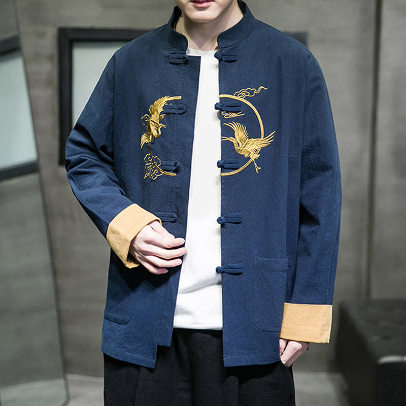 Buddha Stones Stickerei Kraniche Muster Frosch-Knopf Herren Baumwolle Langarm Jacke mit Taschen - image 32