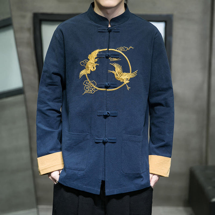 Buddha Stones Stickerei Kraniche Muster Frosch-Knopf Herren Baumwolle Langarm Jacke mit Taschen - Dunkelblau - US/ UK/AU46，EU56 (5XL) - image 29