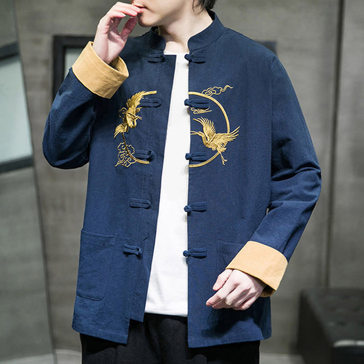 Buddha Stones Stickerei Kraniche Muster Frosch-Knopf Herren Baumwolle Langarm Jacke mit Taschen - image 31