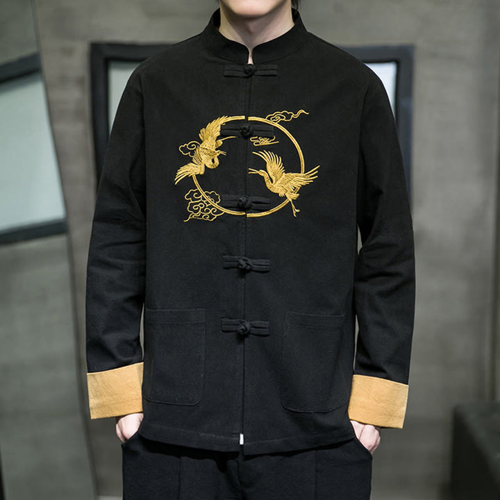 Buddha Stones Stickerei Kraniche Muster Frosch-Knopf Herren Baumwolle Langarm Jacke mit Taschen - Schwarz - US/ UK/AU46，EU56 (5XL) - image 19