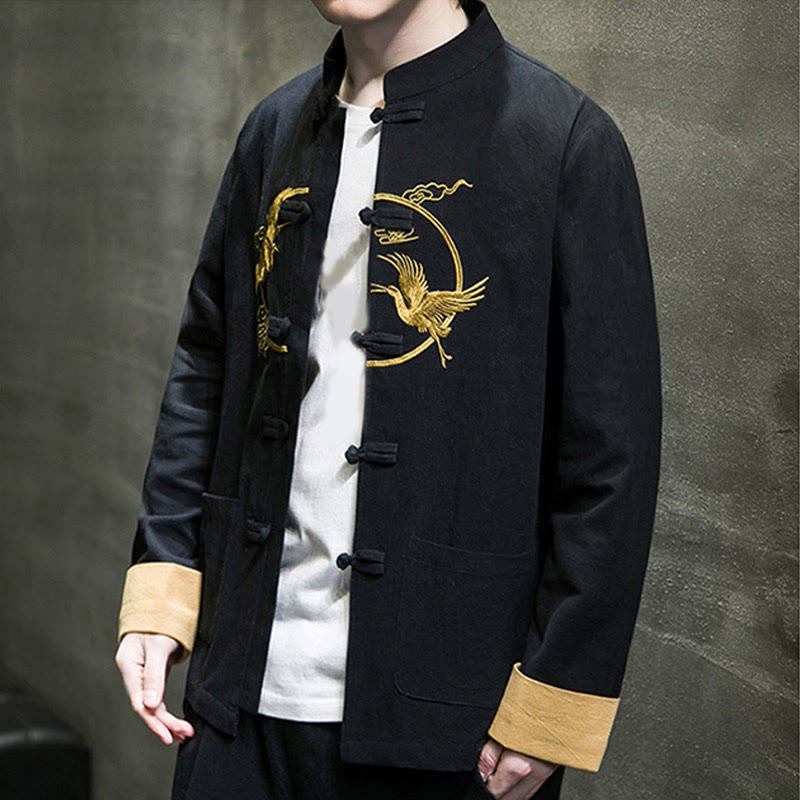 Buddha Stones Stickerei Kraniche Muster Frosch-Knopf Herren Baumwolle Langarm Jacke mit Taschen - image 25