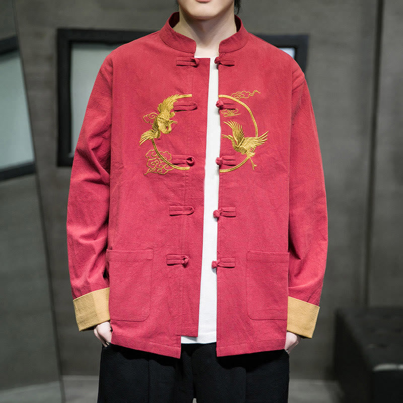 Buddha Stones Stickerei Kraniche Muster Frosch-Knopf Herren Baumwolle Langarm Jacke mit Taschen - image 3