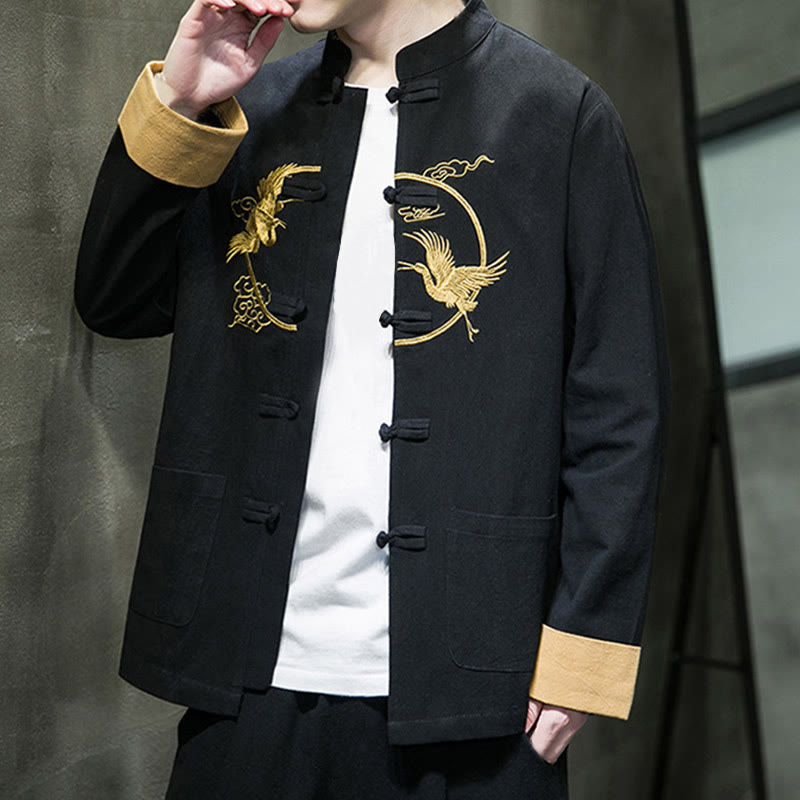 Buddha Stones Stickerei Kraniche Muster Frosch-Knopf Herren Baumwolle Langarm Jacke mit Taschen - image 24