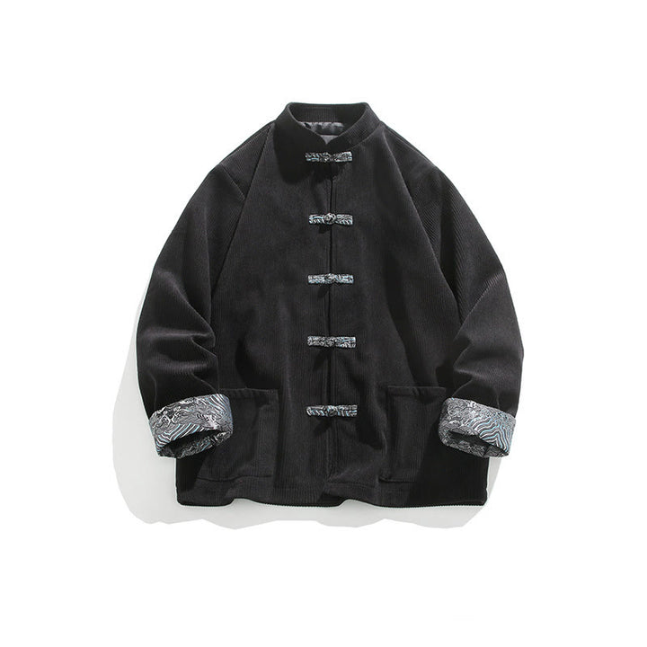 Buddha Stones Spring Jacquard Frog-Button Herren Baumwollcord Langarmjacke mit Taschen - Schwarz - US/ UK/AU46，EU56 (5XL) - image 10