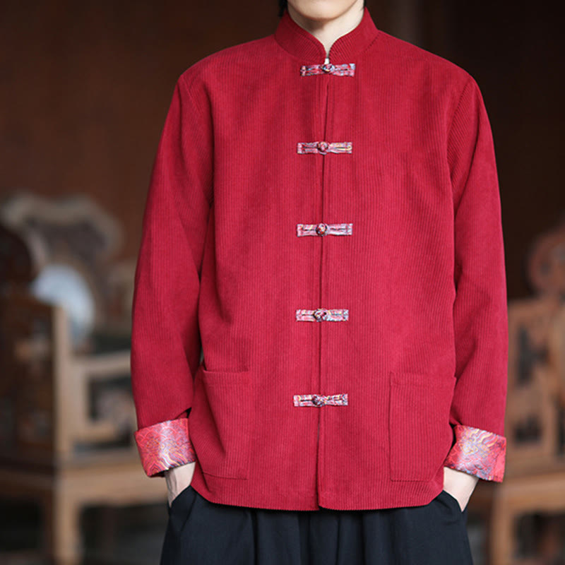 Buddha Stones Spring Jacquard Frog-Button Herren Baumwollcord Langarmjacke mit Taschen - image 3