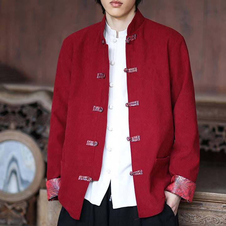 Buddha Stones Spring Jacquard Frog-Button Herren Baumwollcord Langarmjacke mit Taschen - image 7