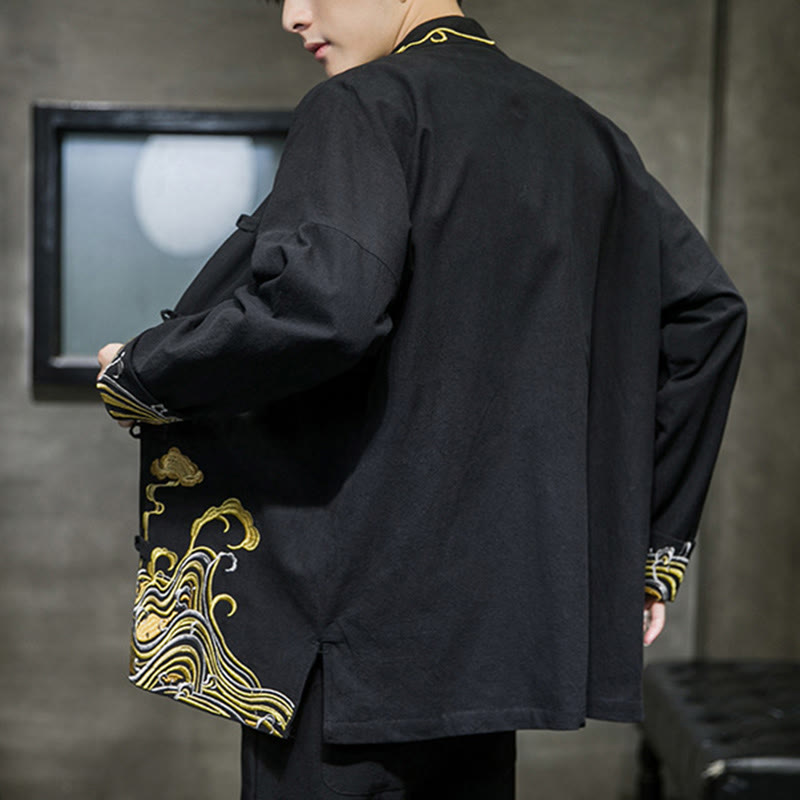Herren-Tang-Anzugjacke aus Baumwolle mit Buddha Stones, gestickten Wolken und Froschknopfverschluss, langen Ärmeln. - image 13