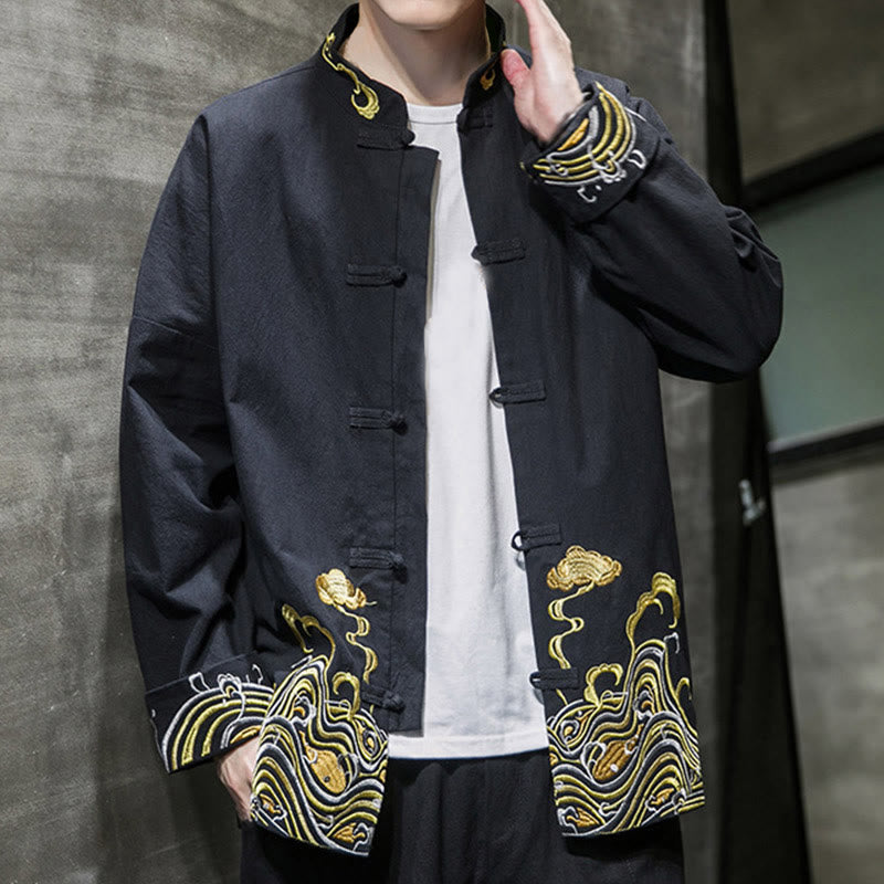Herren-Tang-Anzugjacke aus Baumwolle mit Buddha Stones, gestickten Wolken und Froschknopfverschluss, langen Ärmeln. - image 16