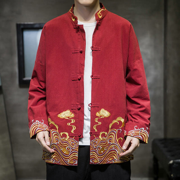 Herren-Tang-Anzugjacke aus Baumwolle mit Buddha Stones, gestickten Wolken und Froschknopfverschluss, langen Ärmeln. - image 3