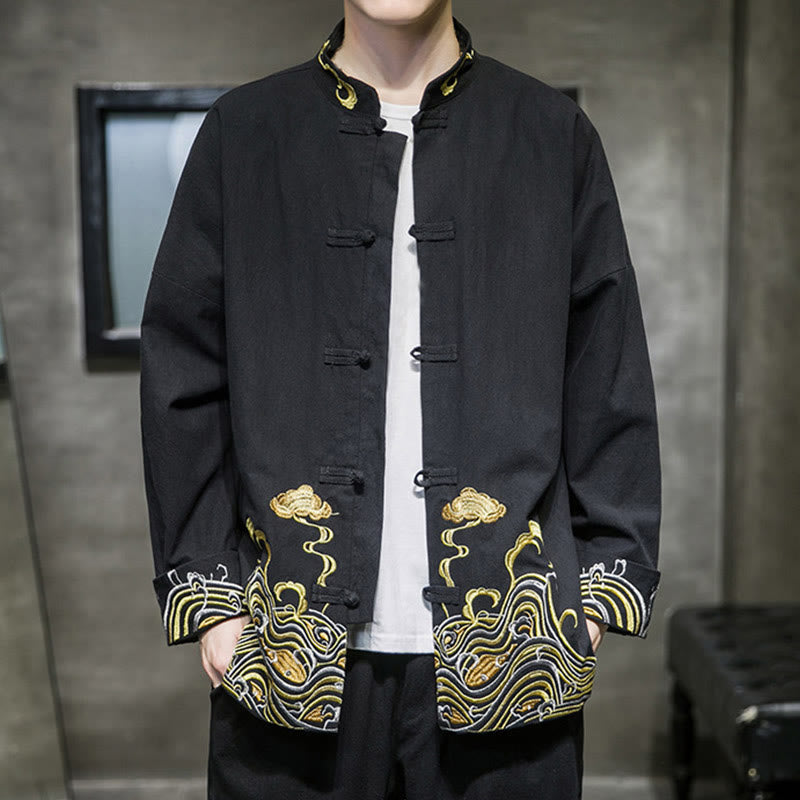 Herren-Tang-Anzugjacke aus Baumwolle mit Buddha Stones, gestickten Wolken und Froschknopfverschluss, langen Ärmeln. - image 11