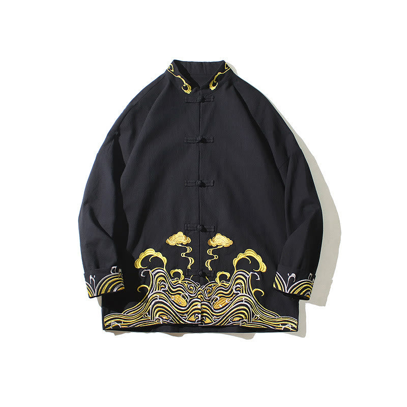Herren-Tang-Anzugjacke aus Baumwolle mit Buddha Stones, gestickten Wolken und Froschknopfverschluss, langen Ärmeln. - image 19