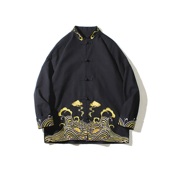 Herren-Tang-Anzugjacke aus Baumwolle mit Buddha Stones, gestickten Wolken und Froschknopfverschluss, langen Ärmeln. - image 19