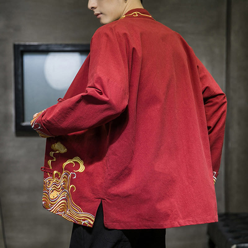 Herren-Tang-Anzugjacke aus Baumwolle mit Buddha Stones, gestickten Wolken und Froschknopfverschluss, langen Ärmeln. - image 2