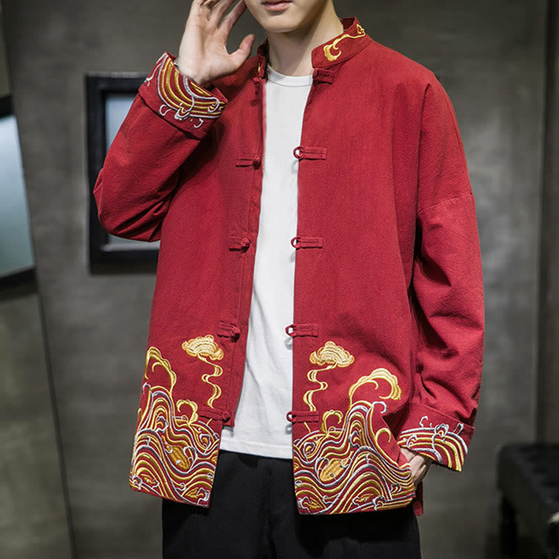 Herren-Tang-Anzugjacke aus Baumwolle mit Buddha Stones , bestickten Wolken und Froschknöpfen - image 5