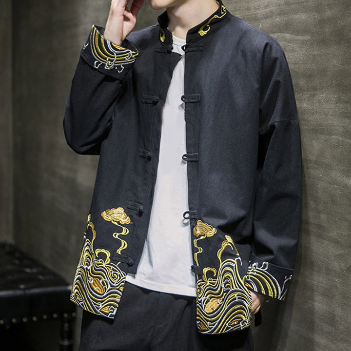 Herren-Tang-Anzugjacke aus Baumwolle mit Buddha Stones , bestickten Wolken und Froschknöpfen - image 14