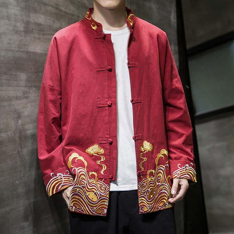 Herren-Tang-Anzugjacke aus Baumwolle mit Buddha Stones, gestickten Wolken und Froschknopfverschluss, langen Ärmeln. - image 8