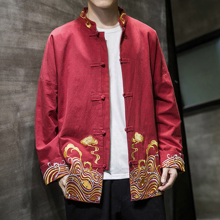 Herren-Tang-Anzugjacke aus Baumwolle mit Buddha Stones, gestickten Wolken und Froschknopfverschluss, langen Ärmeln. - image 8