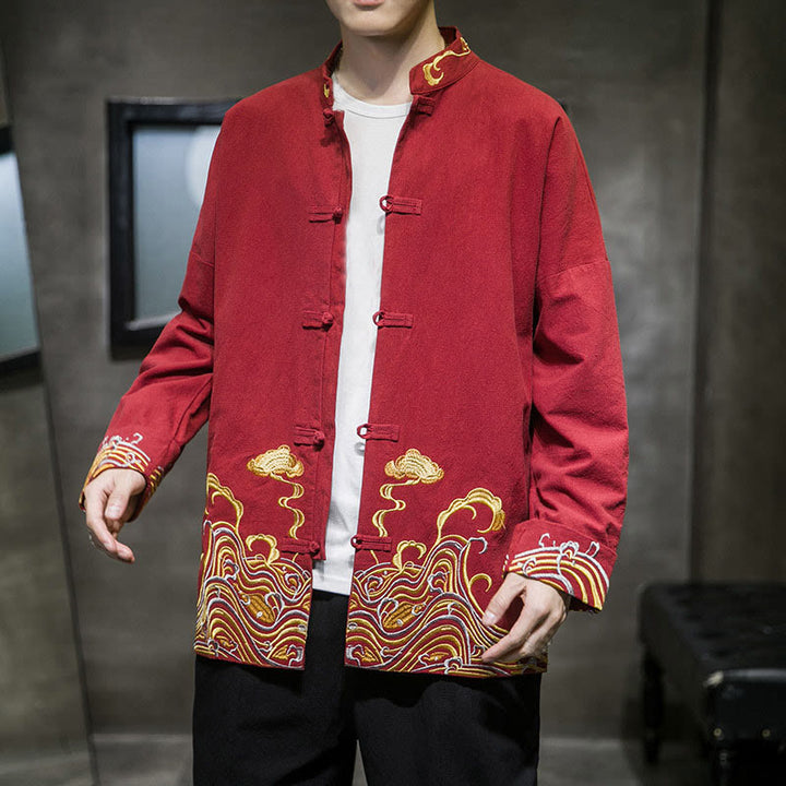 Herren-Tang-Anzugjacke aus Baumwolle mit Buddha Stones, gestickten Wolken und Froschknopfverschluss, langen Ärmeln. - image 4