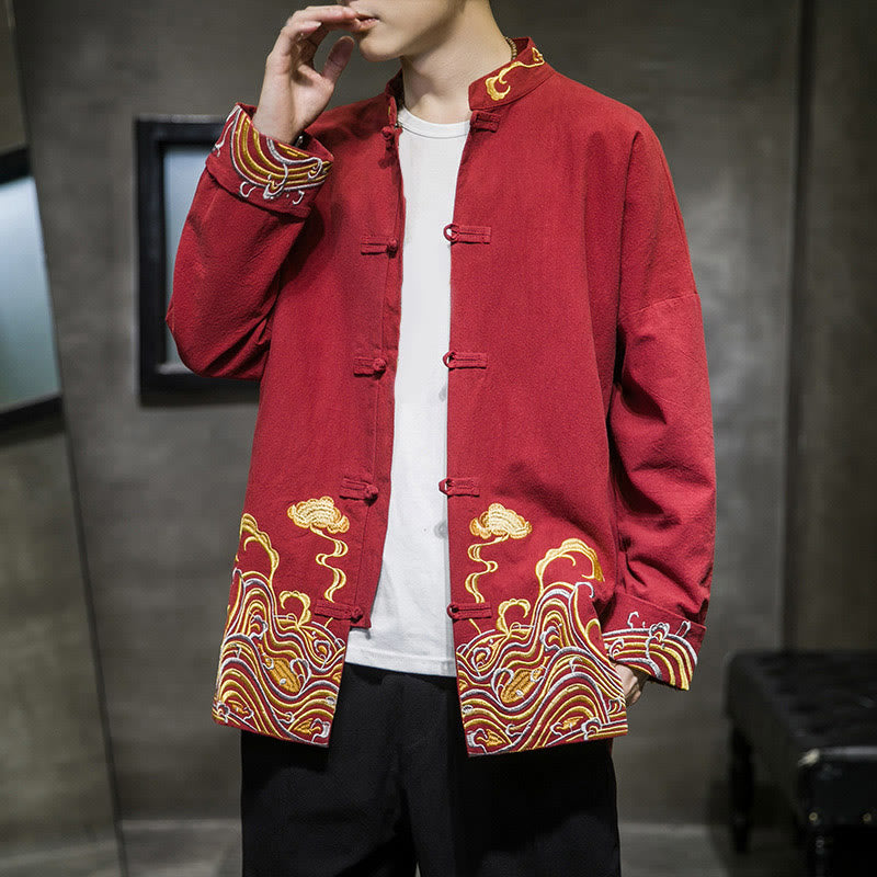 Herren-Tang-Anzugjacke aus Baumwolle mit Buddha Stones, gestickten Wolken und Froschknopfverschluss, langen Ärmeln. - Purpurrot - US/ UK/AU46, EU56 (5XL) - image 0