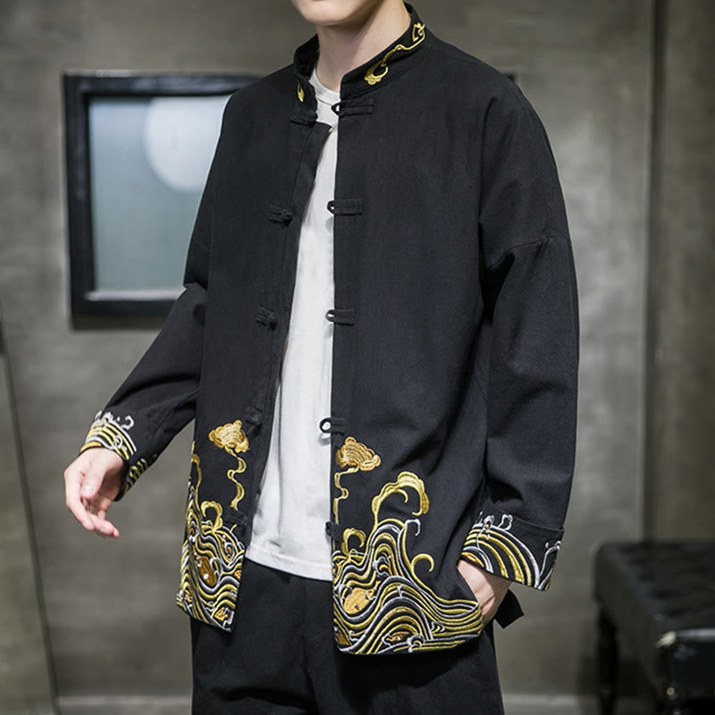 Herren-Tang-Anzugjacke aus Baumwolle mit Buddha Stones, gestickten Wolken und Froschknopfverschluss, langen Ärmeln. - image 12