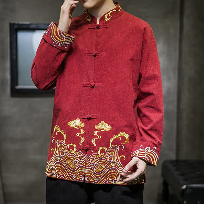 Herren-Tang-Anzugjacke aus Baumwolle mit Buddha Stones, gestickten Wolken und Froschknopfverschluss, langen Ärmeln. - image 1