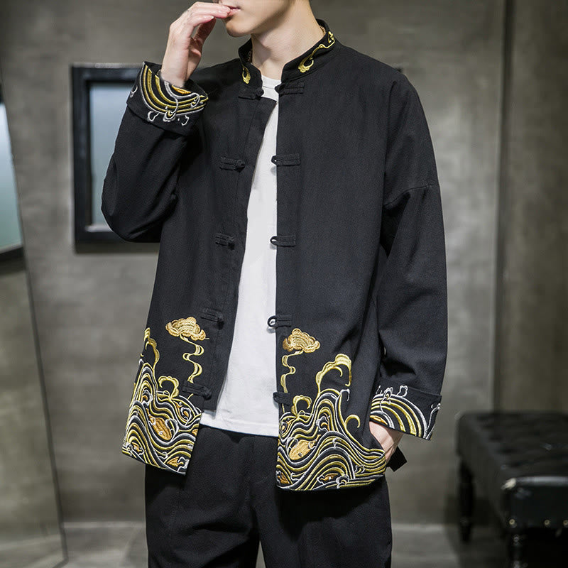 Herren-Tang-Anzugjacke aus Baumwolle mit Buddha Stones , bestickten Wolken und Froschknöpfen - image 10